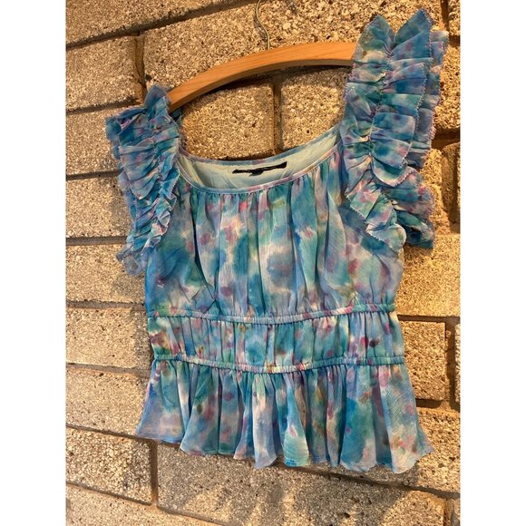 French Connection XS Ruffled Sleeveless Watercolor Peplum Top Blue & Pink - Picture 2 of 9